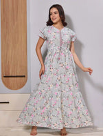 Floral Print Double Layer Sleeve Gathering Frock with Side pocket - Mangai Nighties