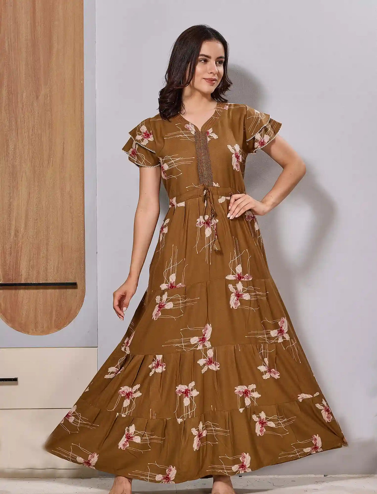 Floral Printed Alpine Double Layer Frilled Sleeve with Long Frock - Mangai Nighties
