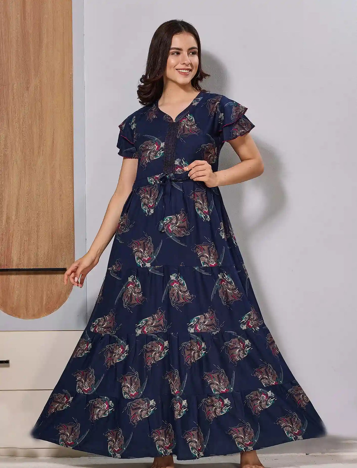 Alpine Flared Gathering Frock Front Tie Rope with Zipless Maxi - Mangai Nighties