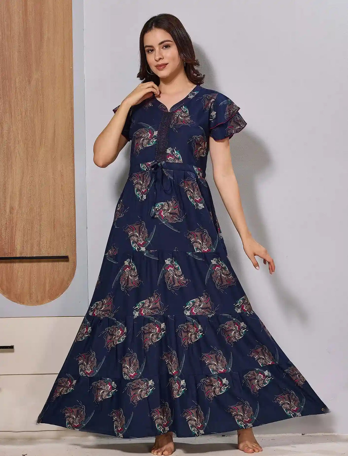 Navy Gathering Frock Tiered Flare Zipless Maxi Nighty - Mangai Nighties