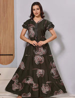 Olive Green Printed Full Long Frock with Front Tie Rope for Women - Mangai Nighties