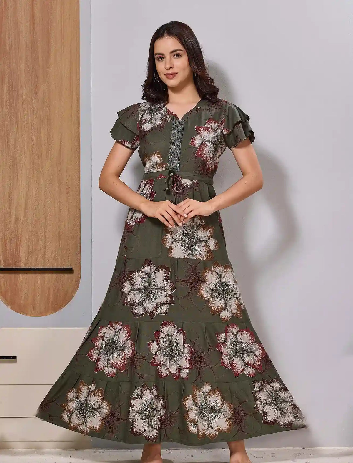Sage Green Charming Floral Print Gathering Frock with Side Pocket - Mangai Nighties