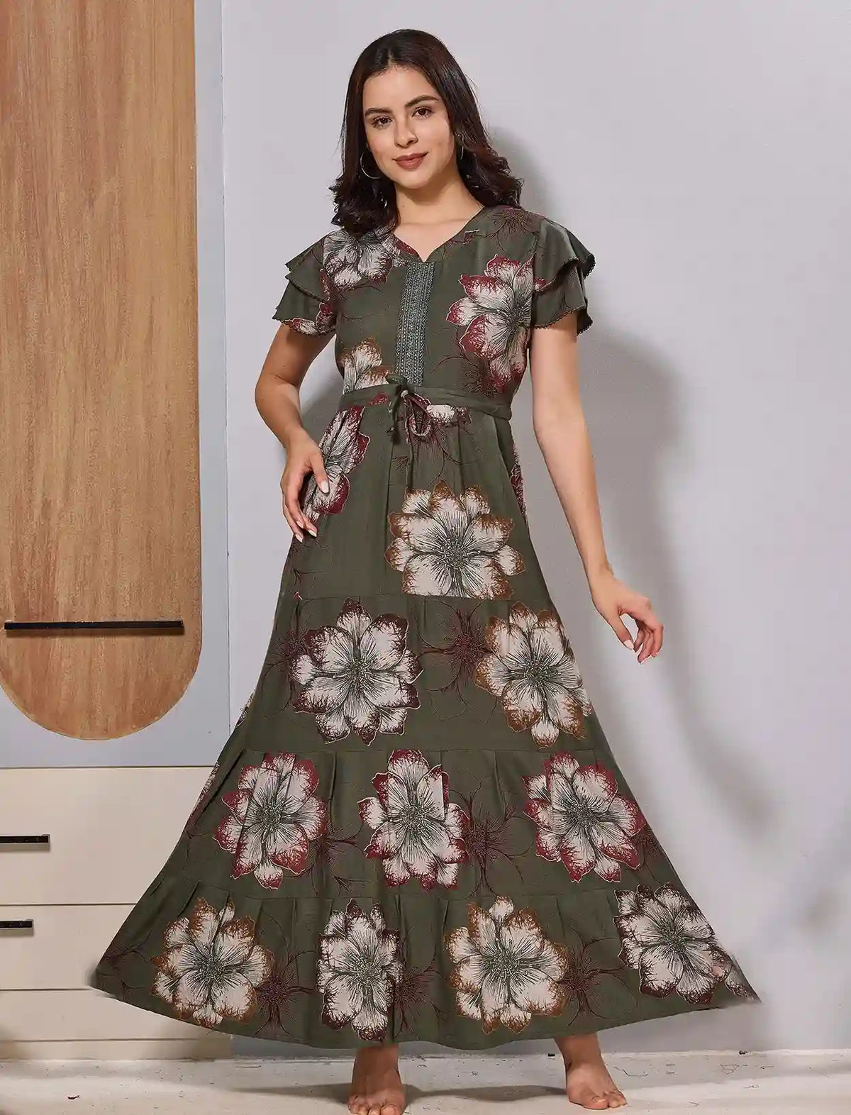 Olive Alpine Floral Full Frock Front Adjustable Gathering Rope - Mangai Nighties