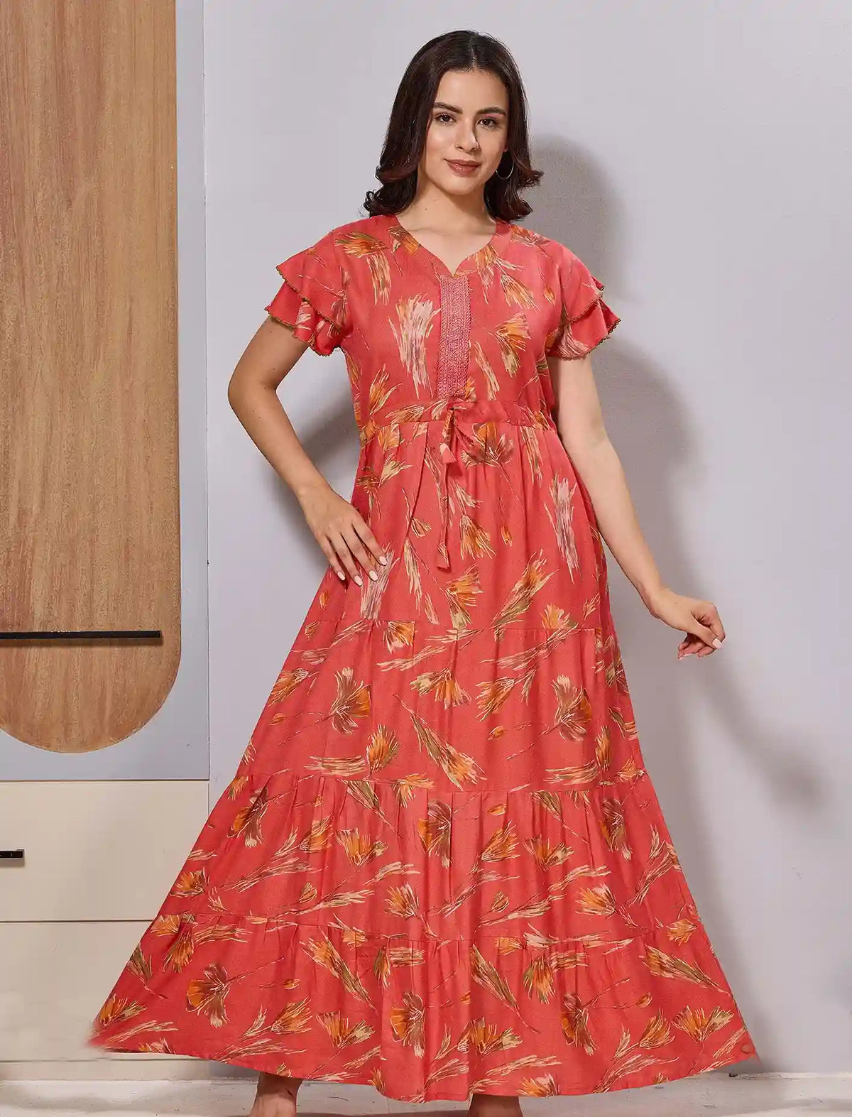Alpine Long Gathering Frock with Double Layer Petal Sleeve's - Mangai Nighties