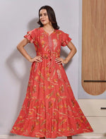Orange 3 Layer Flared Long Frock with Front Tie up Gathering Rope - Mangai Nighties