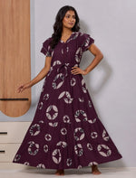 Purple Print Alpine Gathering Long Frock with Flared Maxi for Women - Mangai Nighties