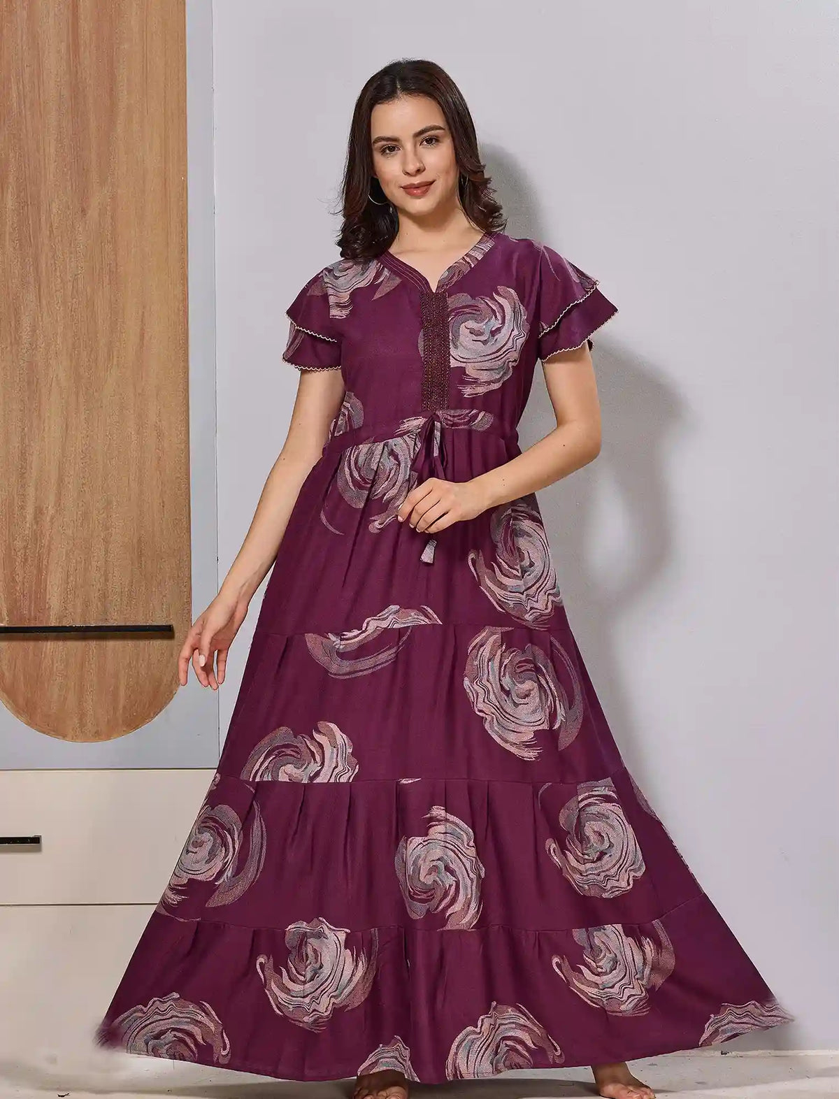Alpine Front Gathering tie Rope Stylish Full Long Frock - Mangai Nighties
