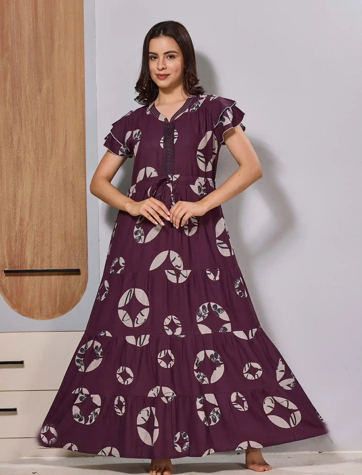 Round Patch neck with Front Gathering Tie Rope Long Frock - Mangai Nighties