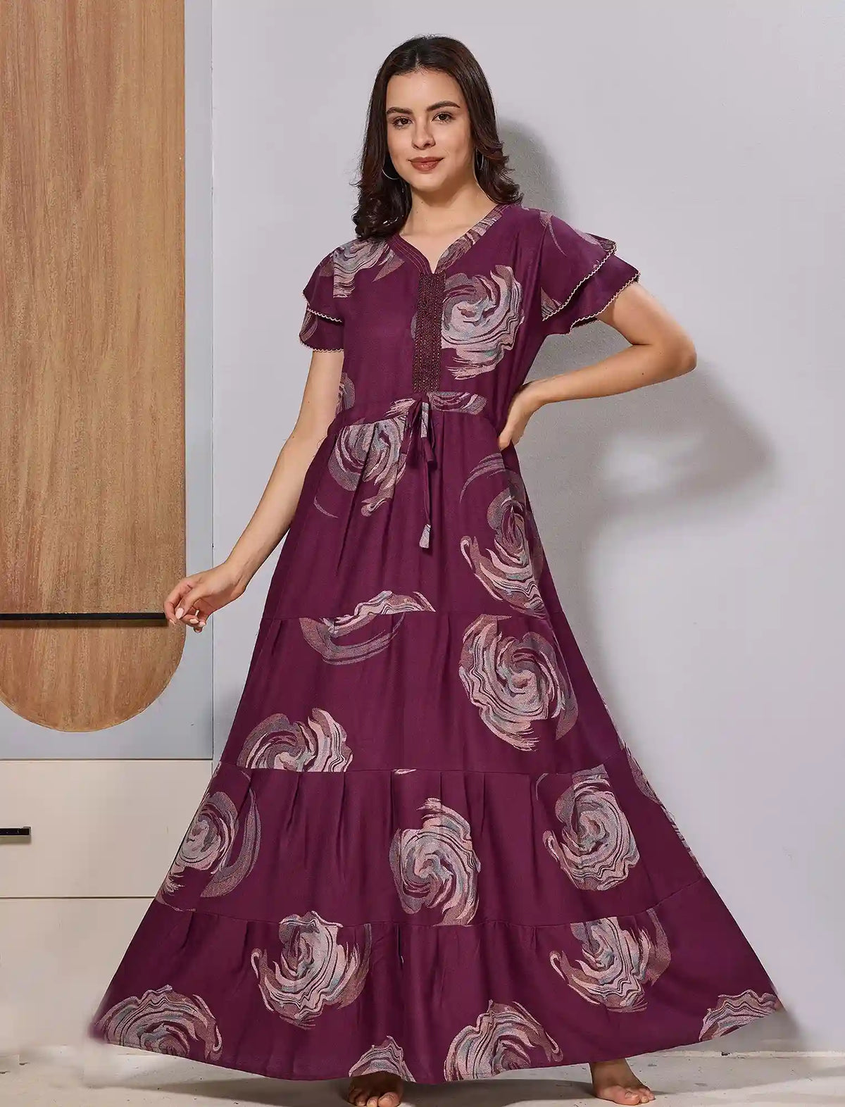 Purple Long Full Frock with Double Layer Petal Sleeves - Mangai Nighties