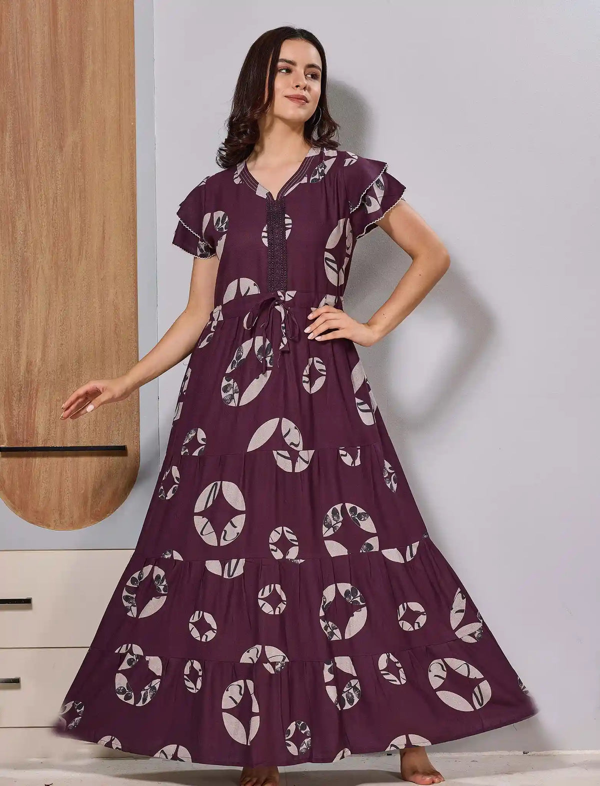 Alpine Star Print's Full Frock with Double Layer Sleeve's - Mangai Nighties