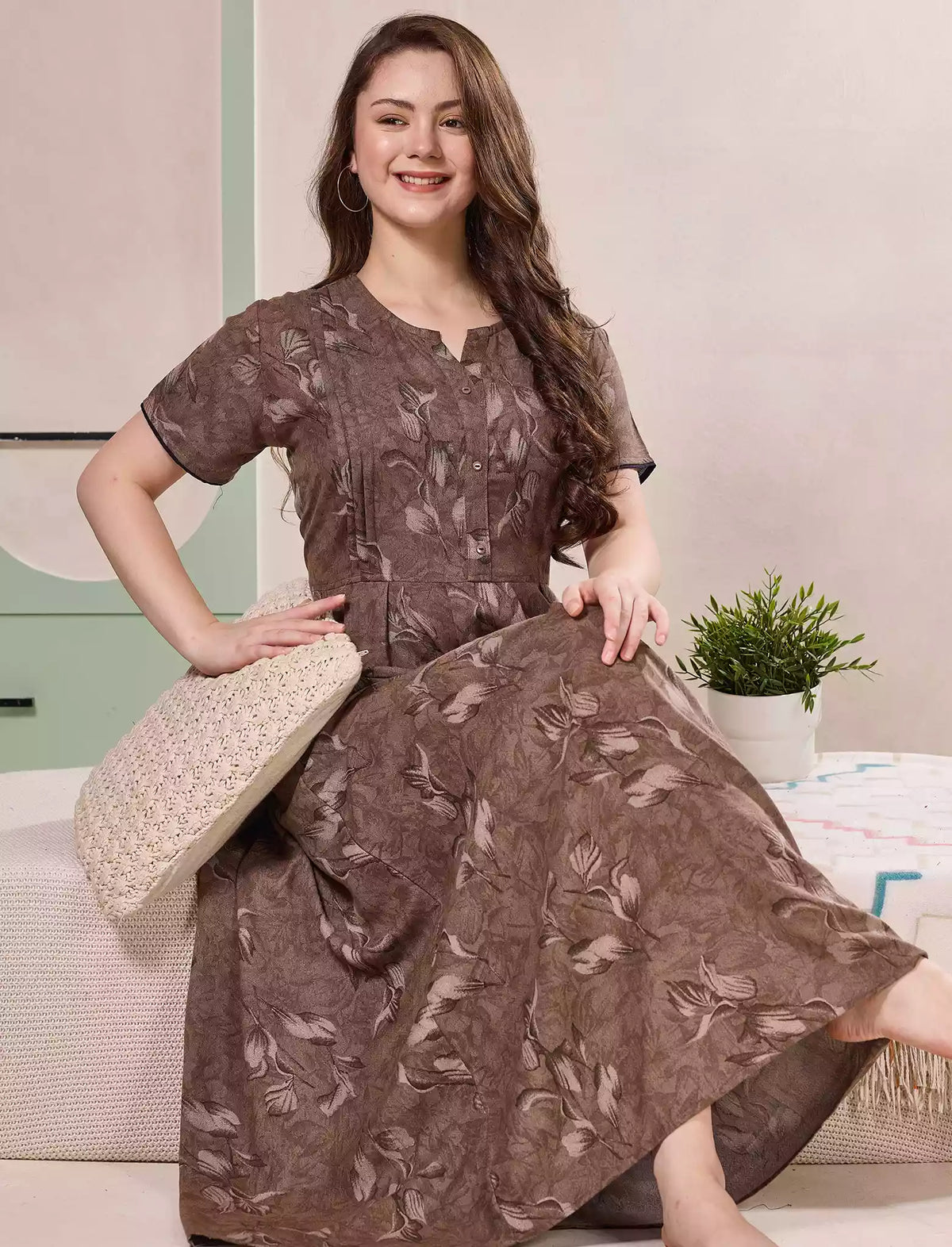 Alpine Kurti Style Pleated Nighty with Floral Print - Mangai Nighties