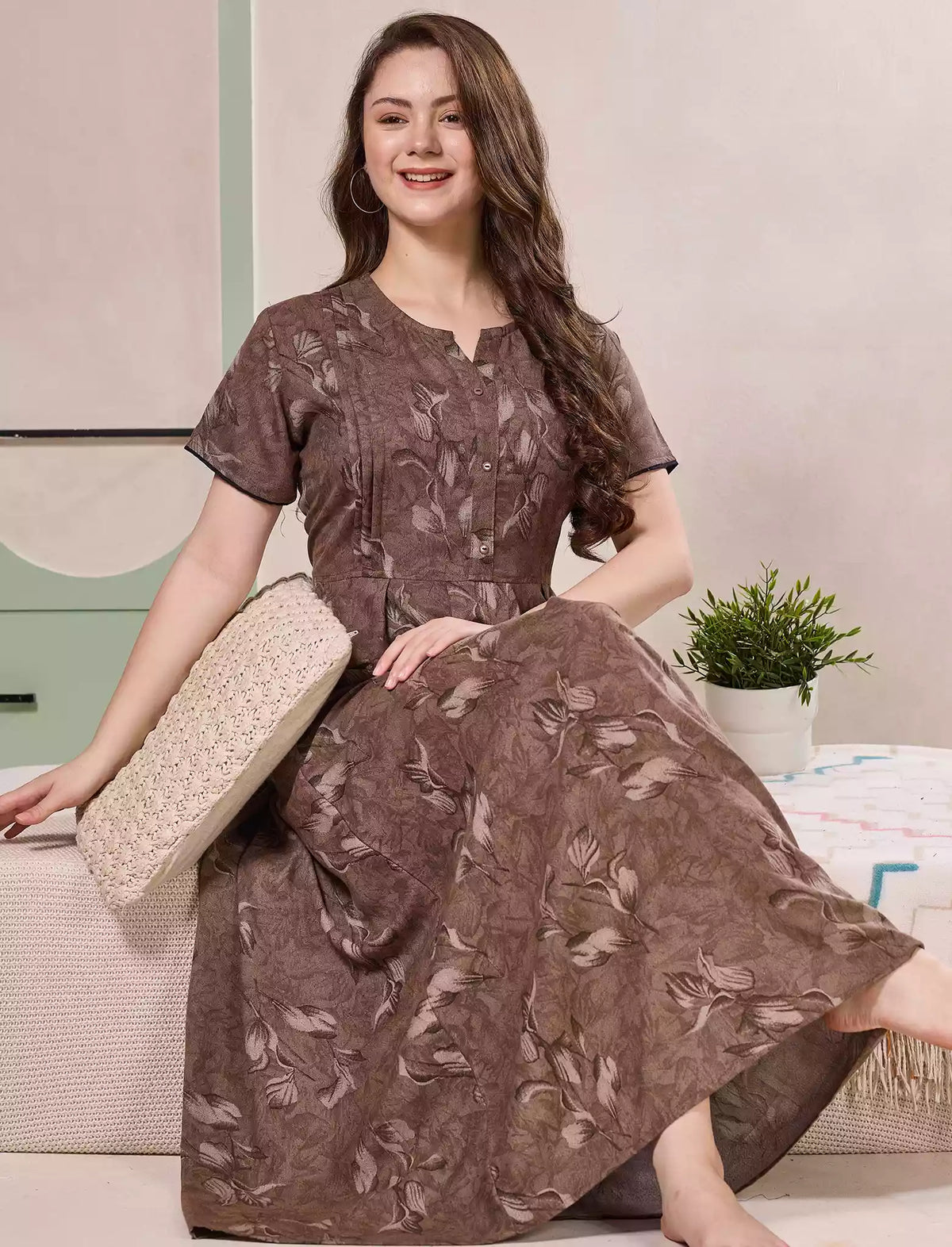 Alpine Kurti Style Pleated Nighty with Floral Print - Mangai Nighties