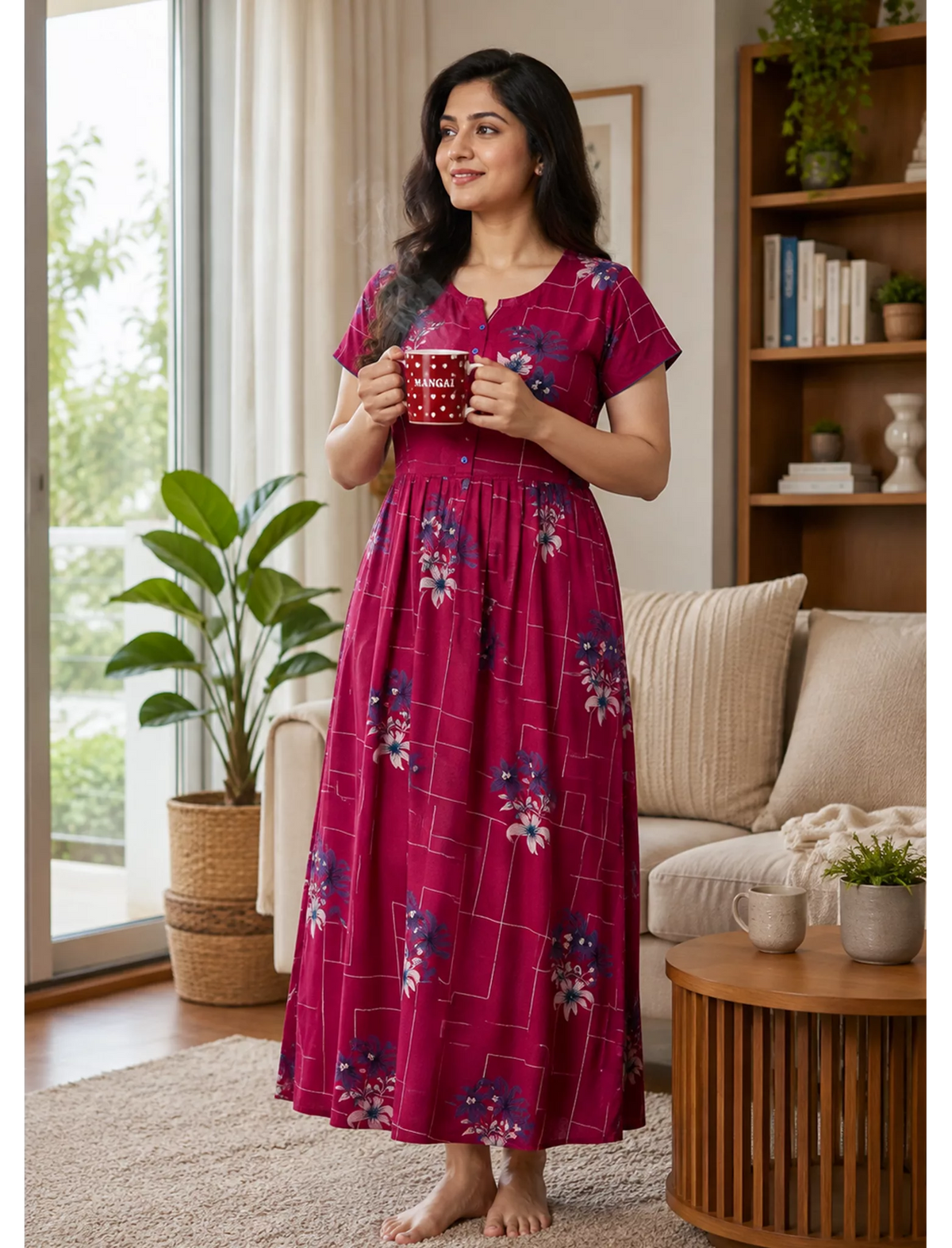 Alpine Floral Geometric Print Kurti Style Nighty - Mangai Nighties