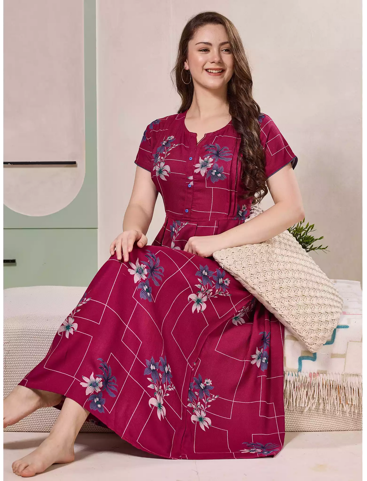Alpine Floral Geometric Print Kurti Style Nighty - Mangai Nighties
