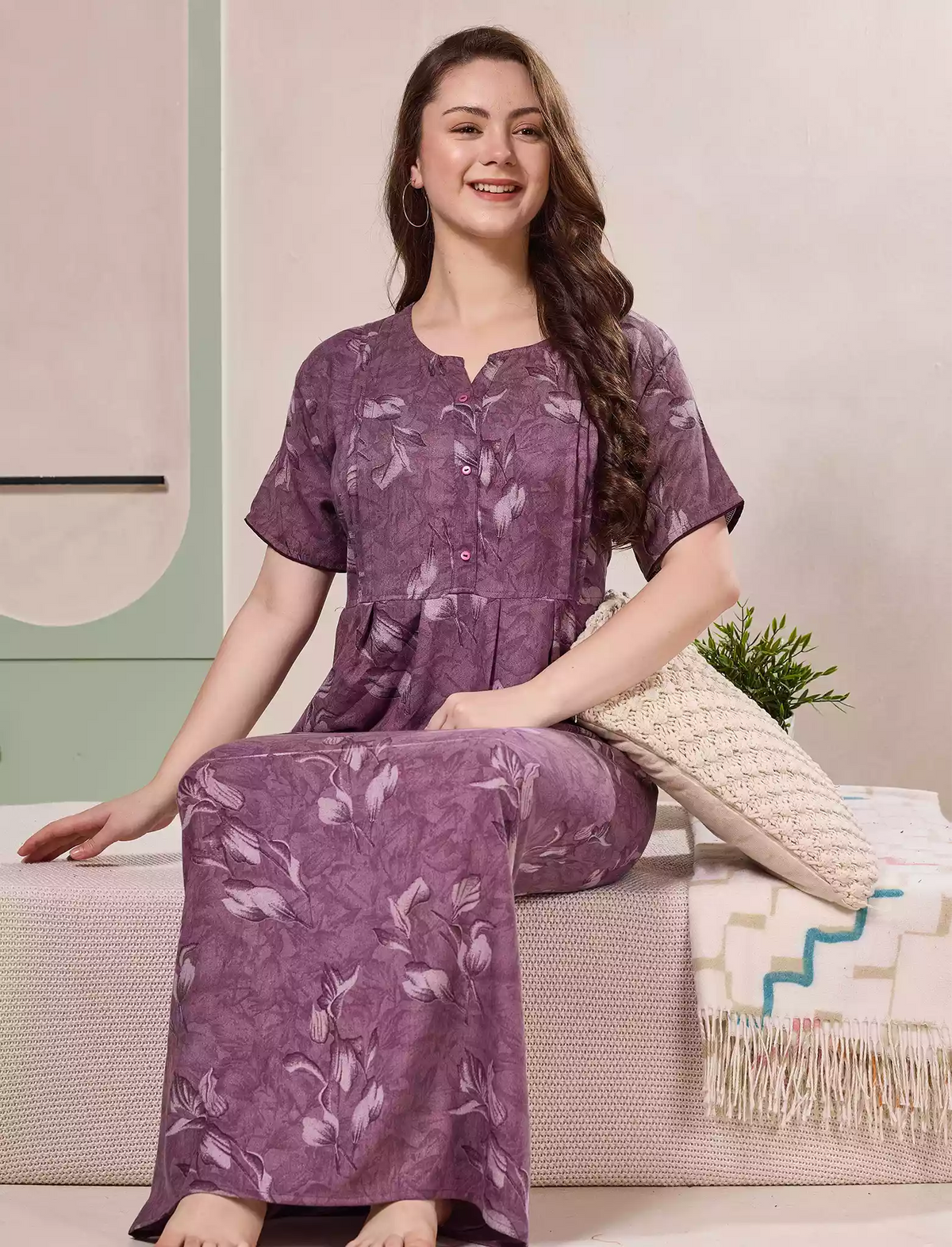 Alpine Kurti Style Pleated Nighty with Floral Print - Mangai Nighties