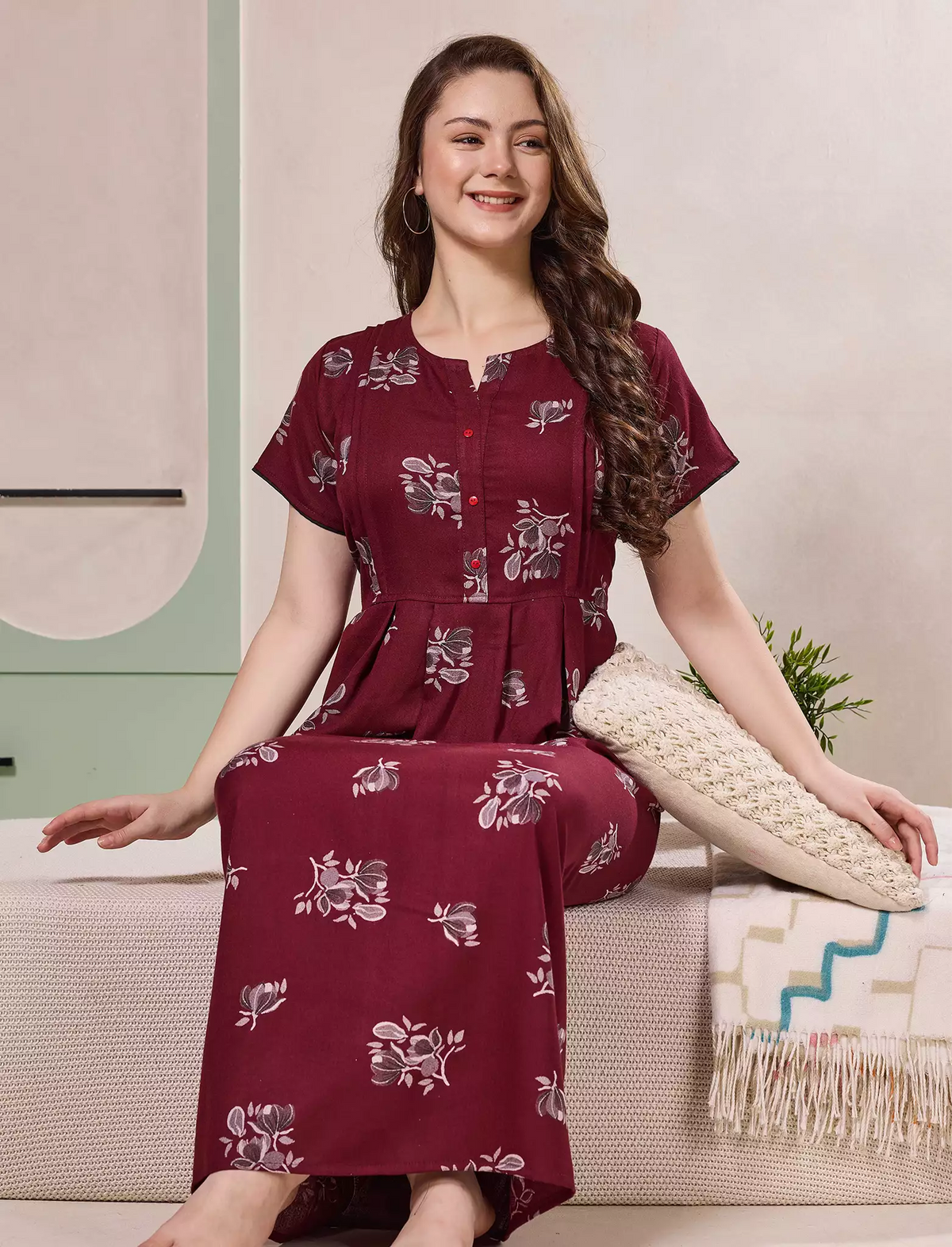 Alpine Floral Print Pleated Kurti Style Nighty with Pocket - Mangai Nighties