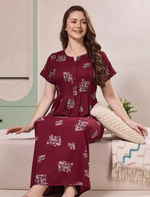 Alpine Floral Print Pleated Kurti Style Nighty with Pocket - Mangai Nighties