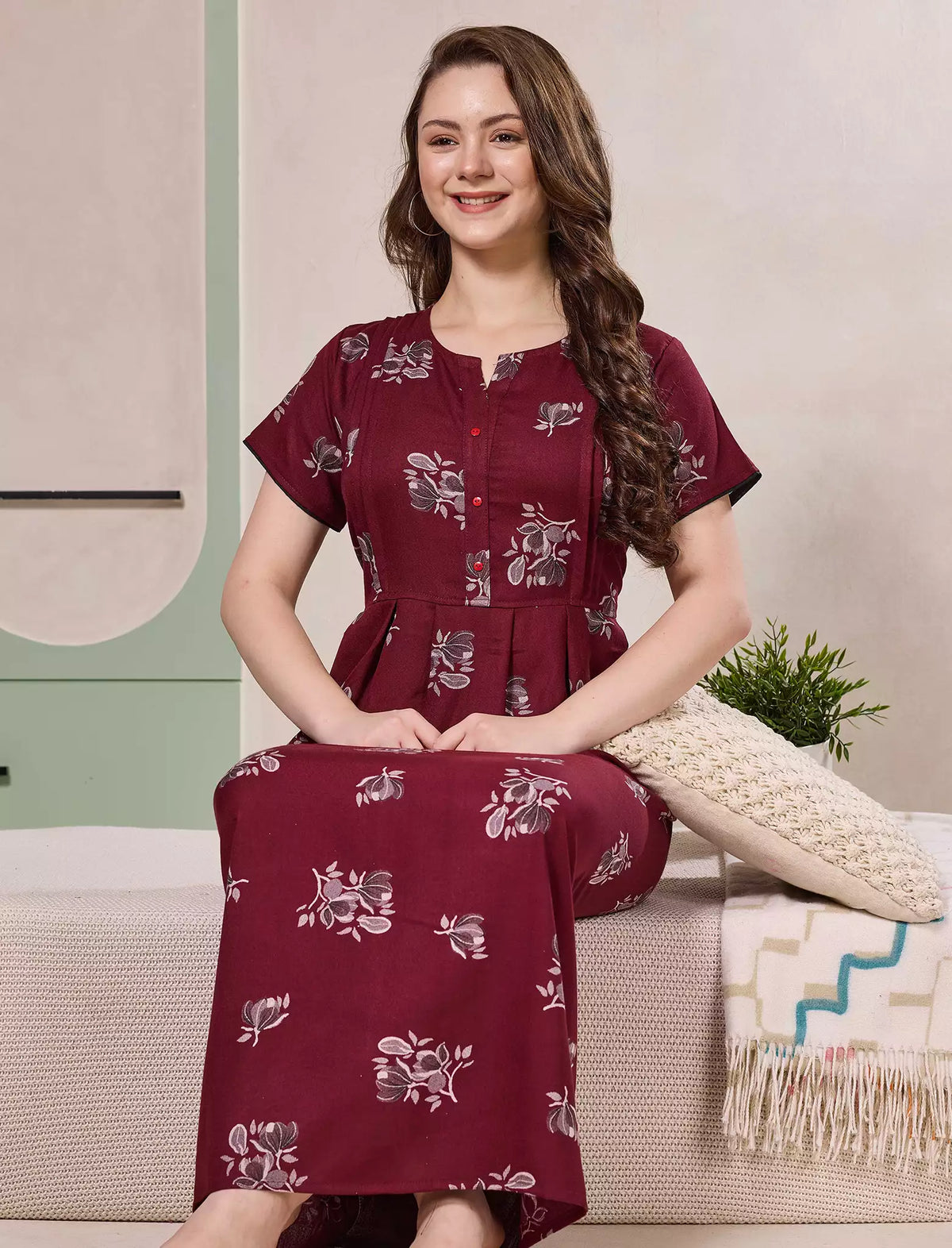 Alpine Floral Print Pleated Kurti Style Nighty with Pocket - Mangai Nighties