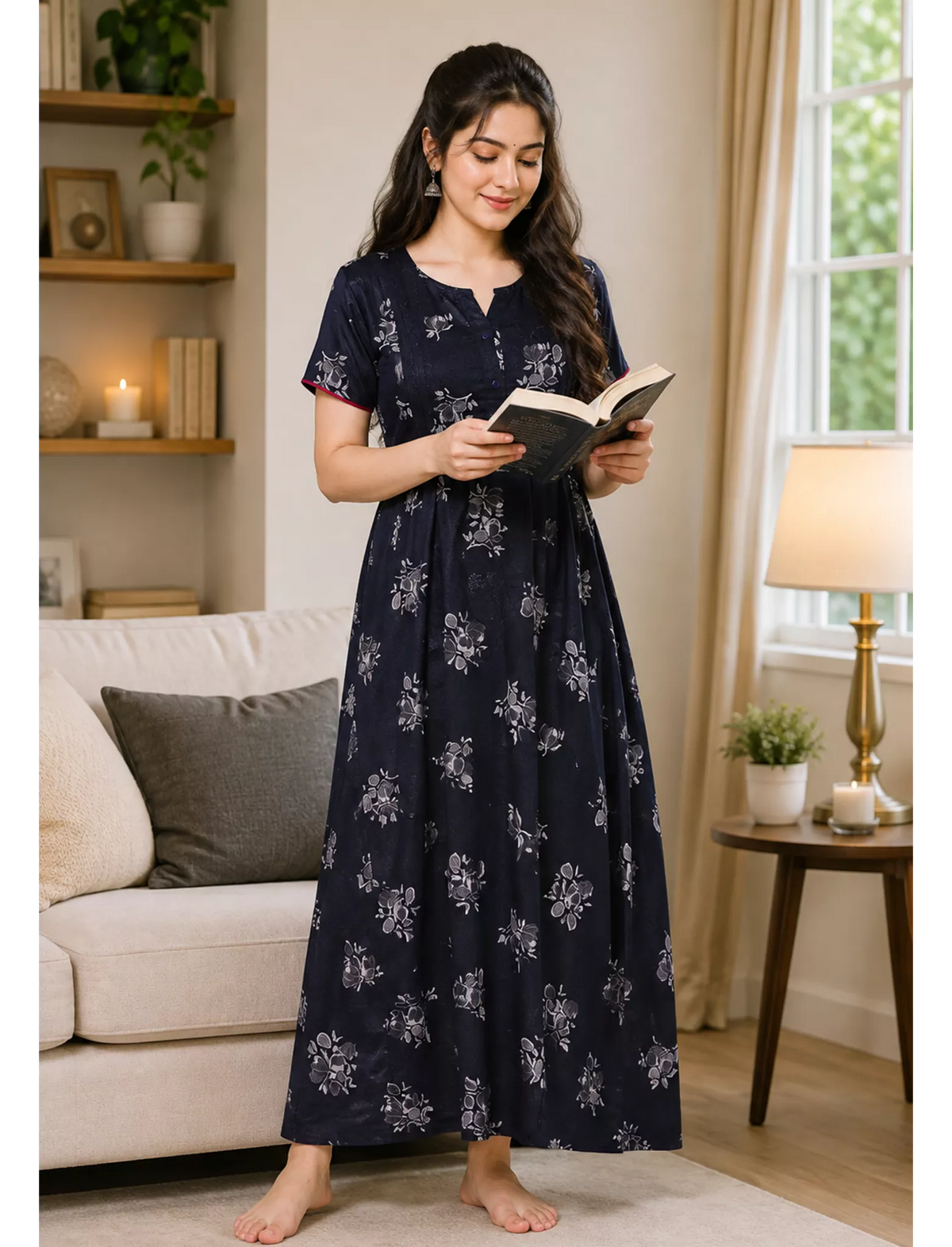 Alpine Floral Print Pleated Kurti Style Nighty with Pocket - Mangai Nighties
