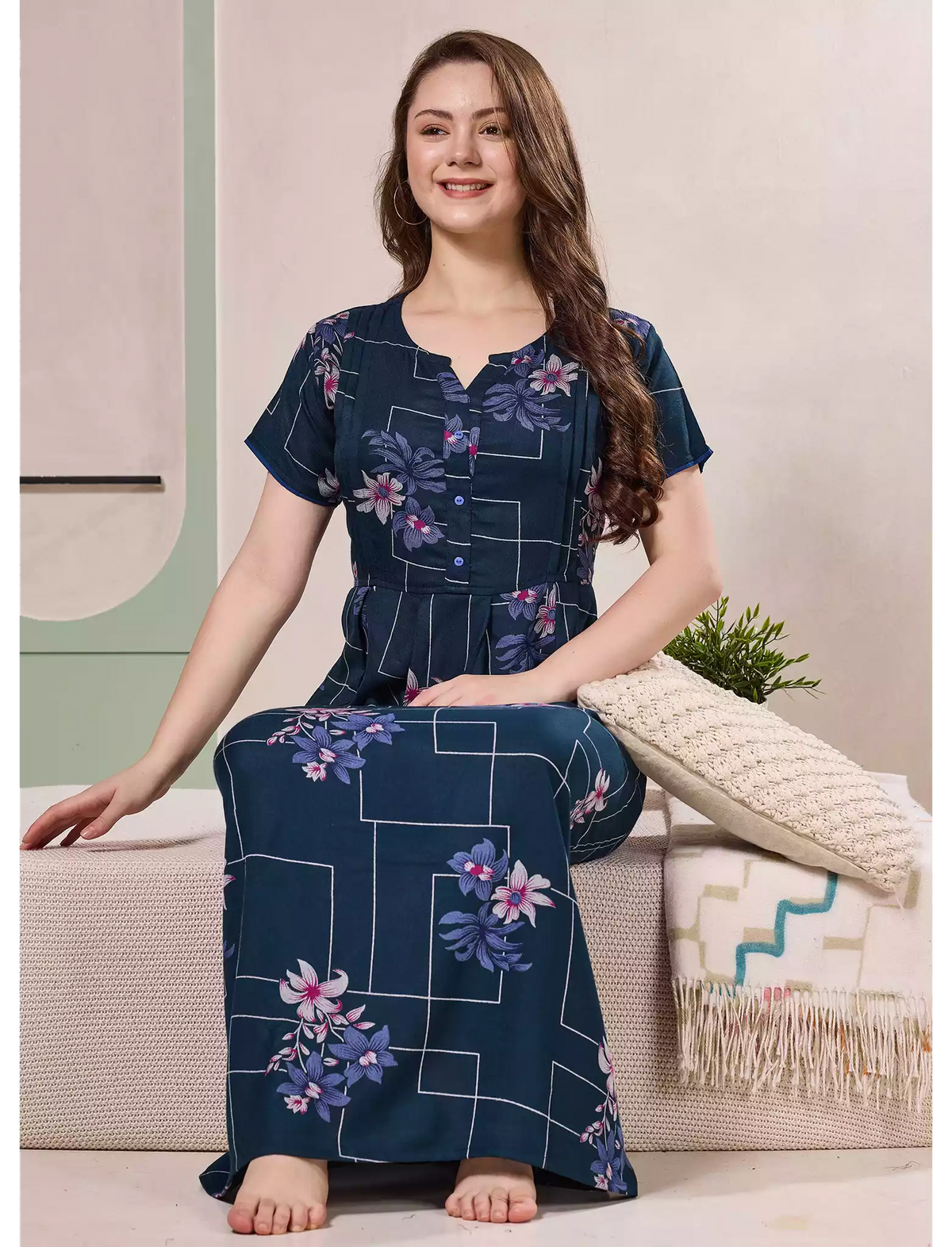 Alpine Floral Geometric Print Kurti Style Nighty - Mangai Nighties