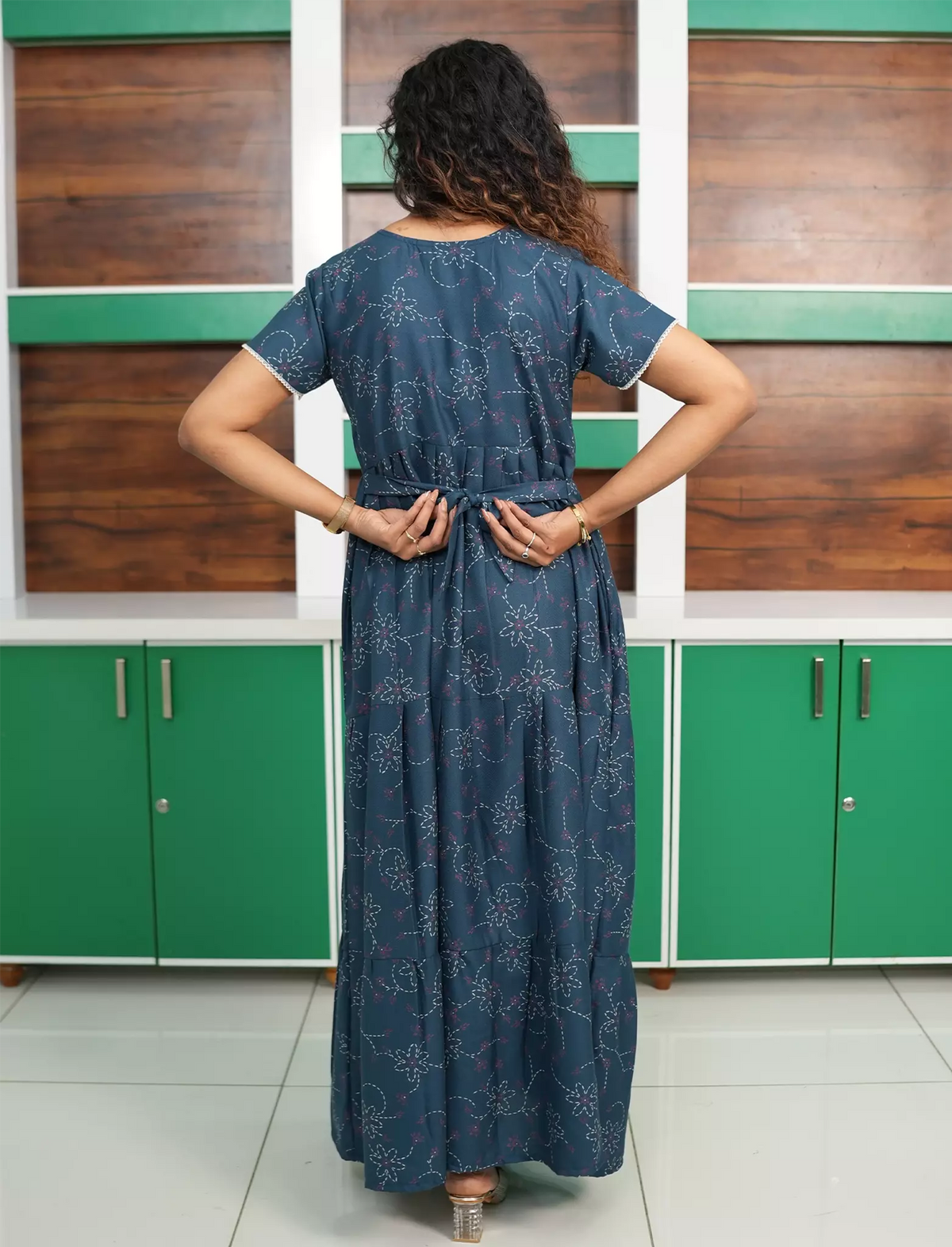 Alpine Floral Print Petal Sleeve Full Frock - Mangai Nighties