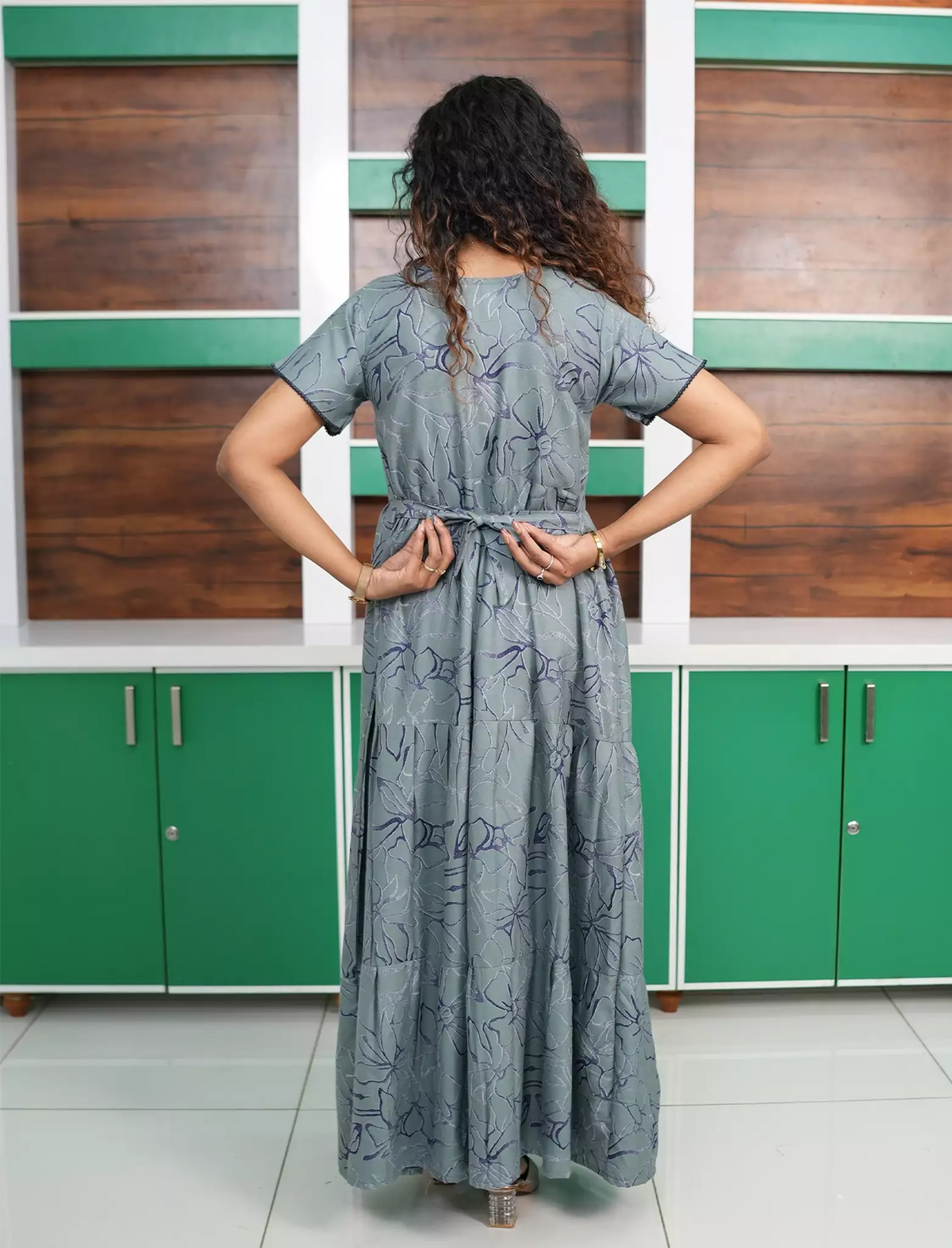 Alpine Floral Print 3 Layer Flared Full Frock with Side Pocket - Mangai Nighties