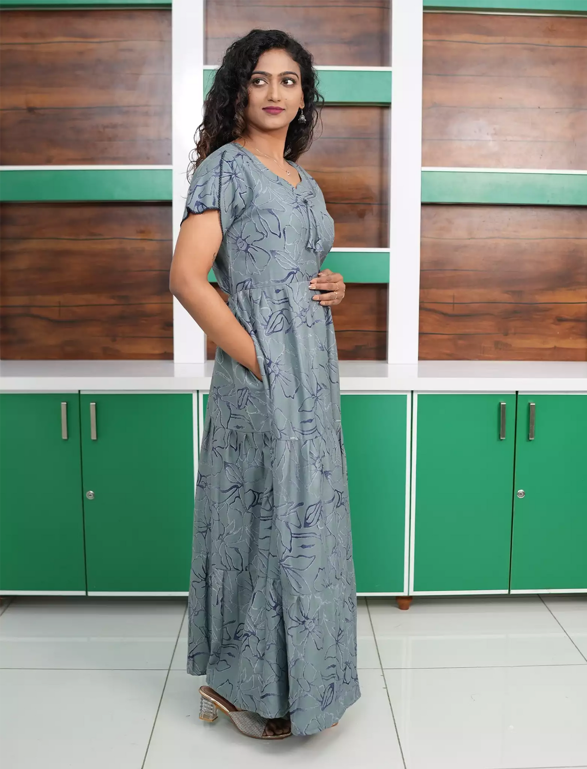 Alpine Floral Print 3 Layer Flared Full Frock with Side Pocket - Mangai Nighties