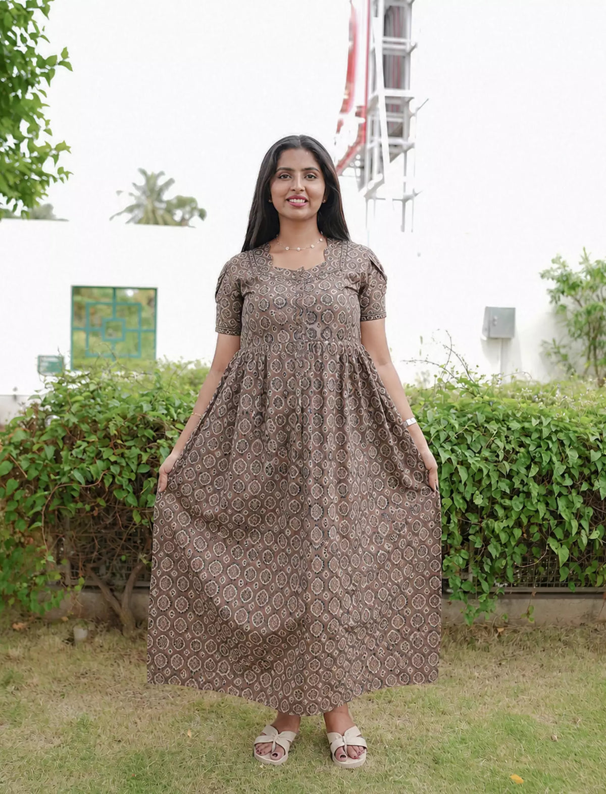 Cotton Geometric Print Casual Frock with Back Tie - Mangai Nighties