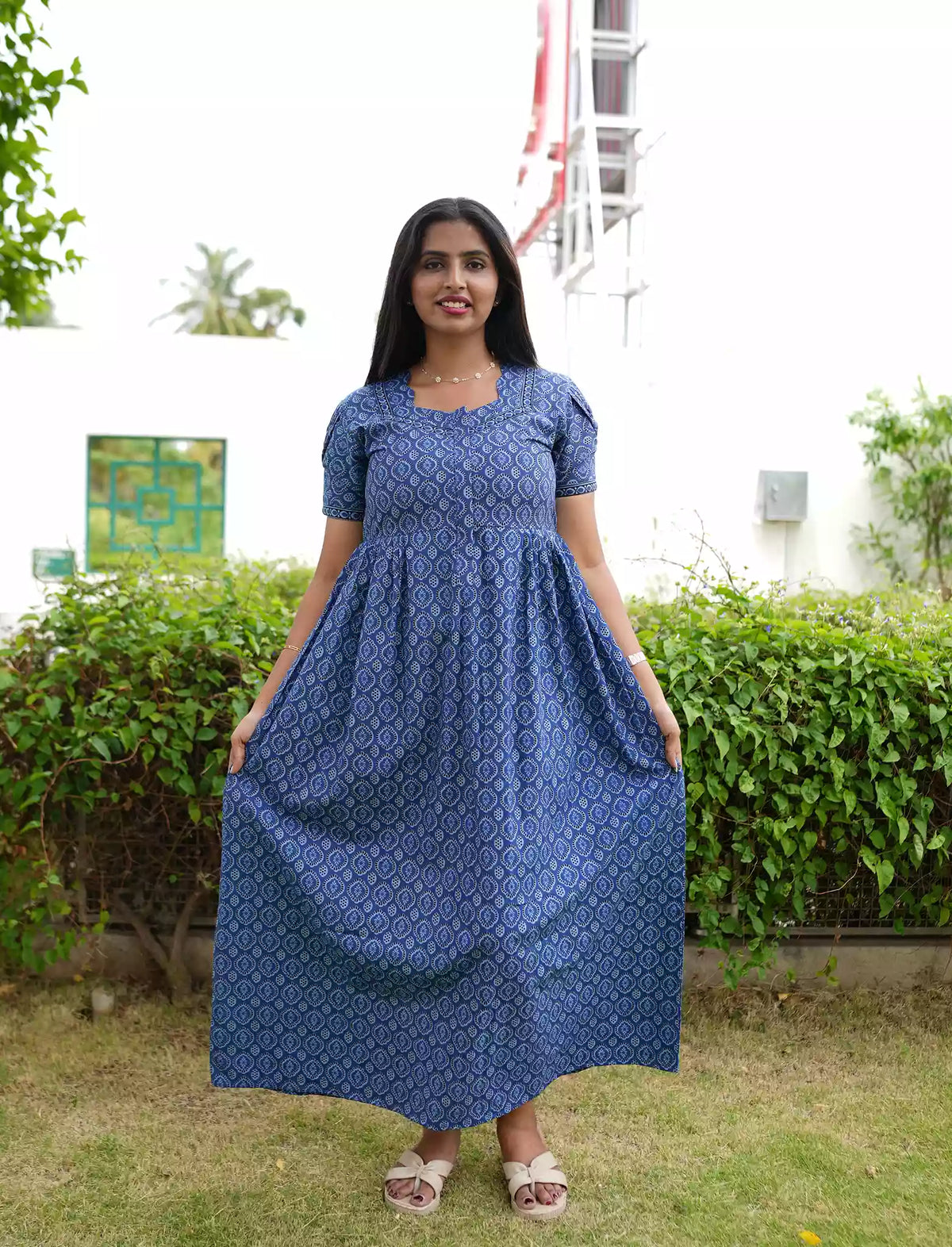 Cotton Geometric Print Casual Frock with Back Tie - Mangai Nighties