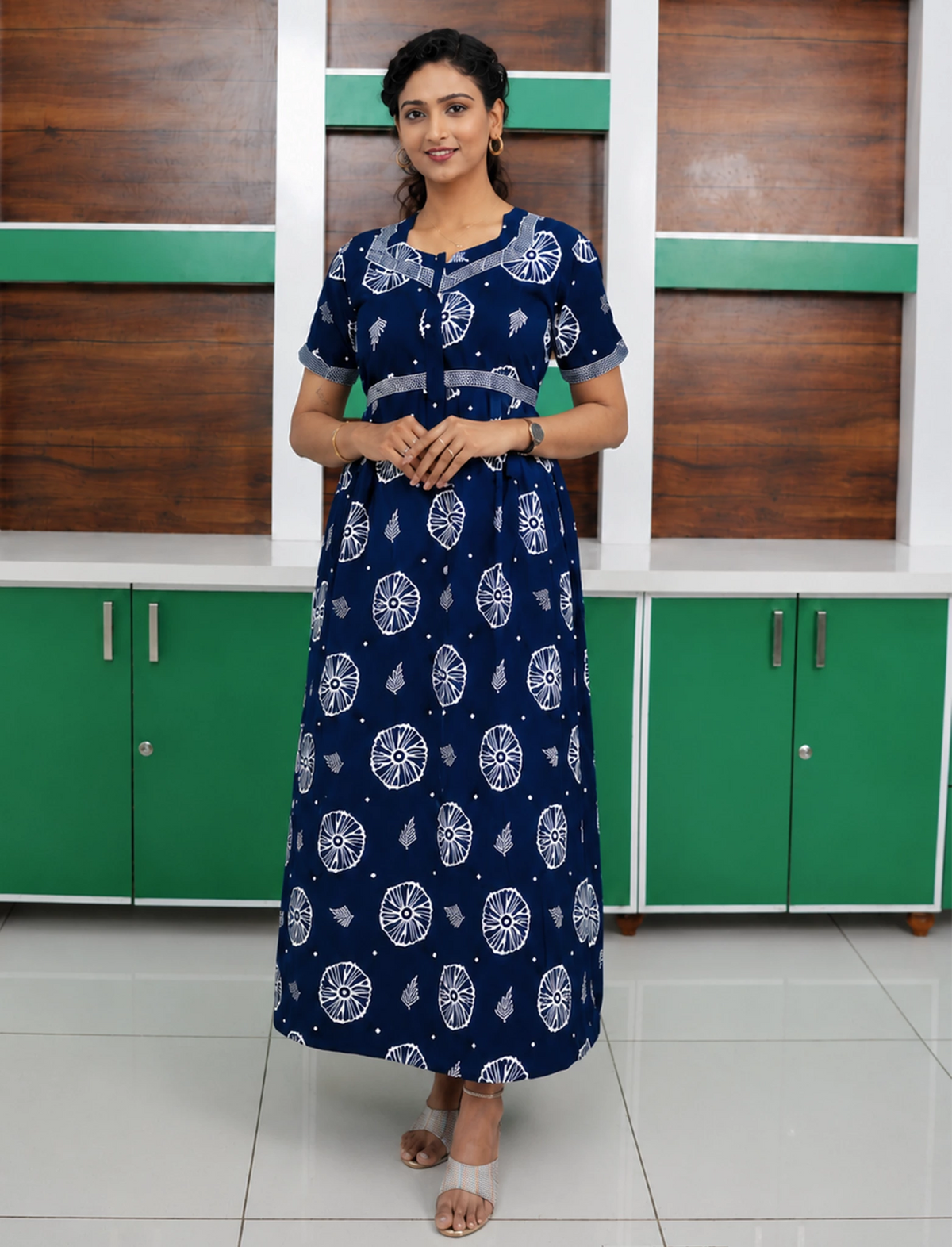 Floral Print Cotton Casual Frock with Pocket | Mangai Nighties