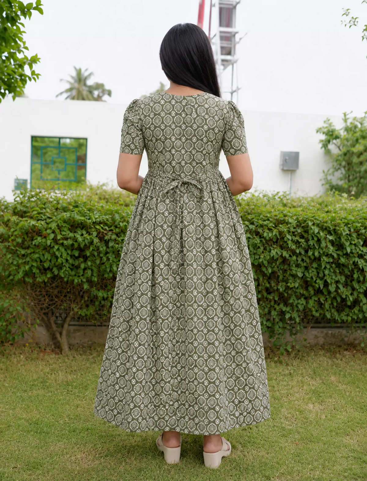 Cotton Geometric Print Casual Frock with Back Tie - Mangai Nighties