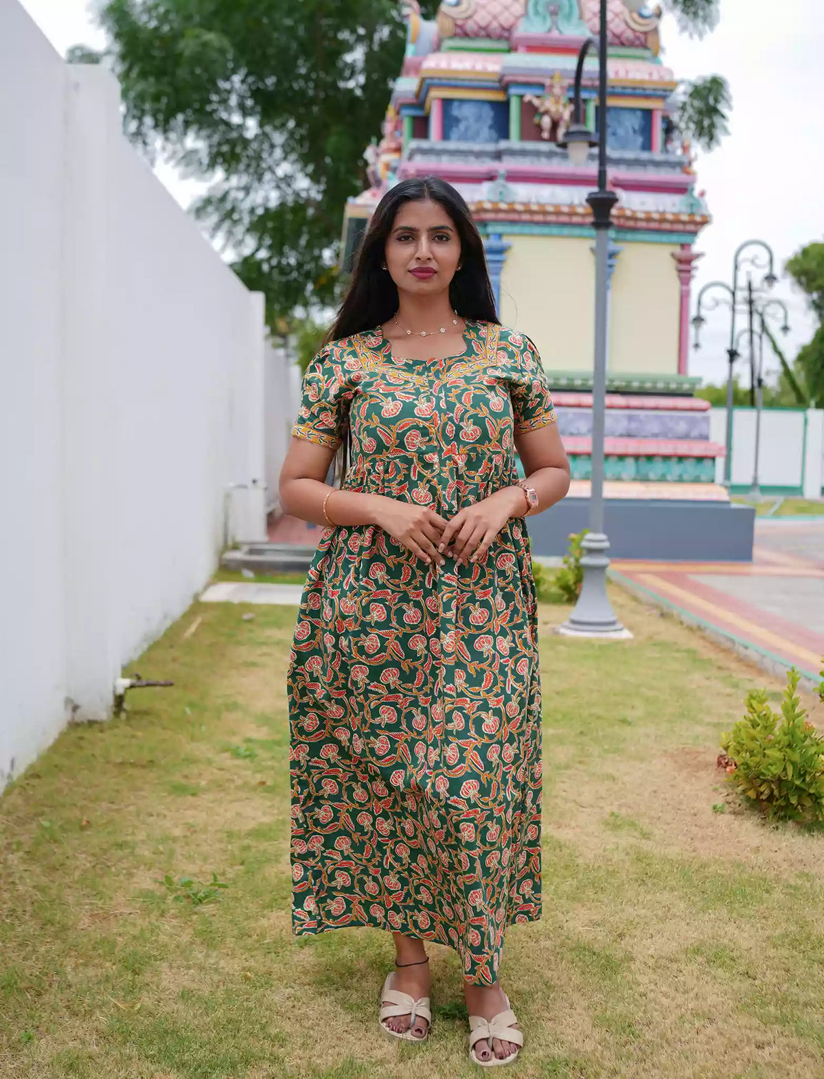 Cotton Floral Print Casual & Maternity Frock with Front Zip - Mangai Nighties