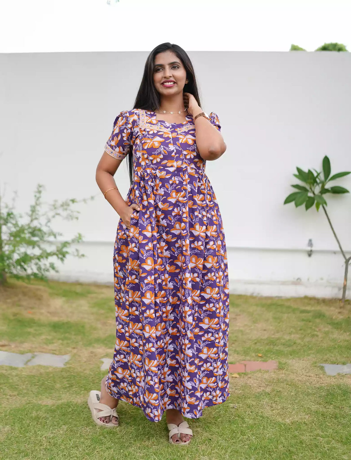 Cotton Floral Print Casual & Feeding Frock with Back Tie - Mangai Nighties