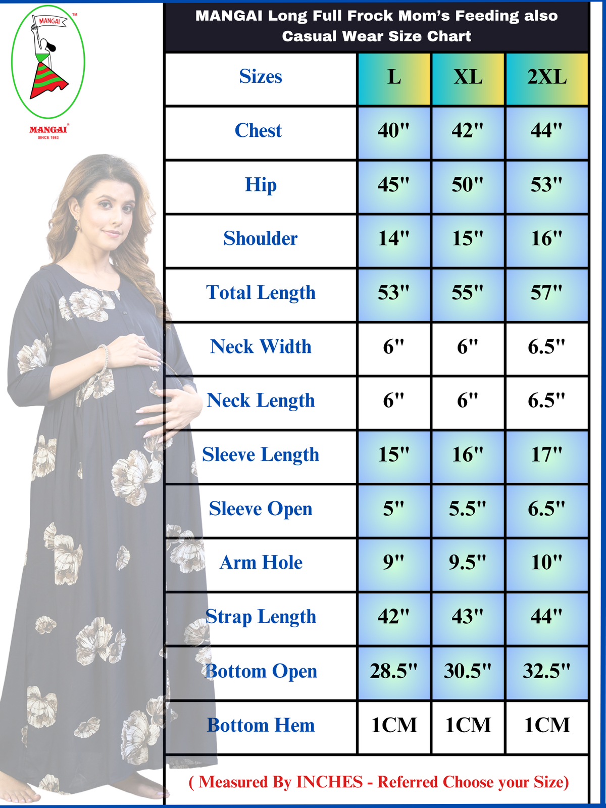 Maternity Nighties Long frock Size Chart - Mangai Nighties
