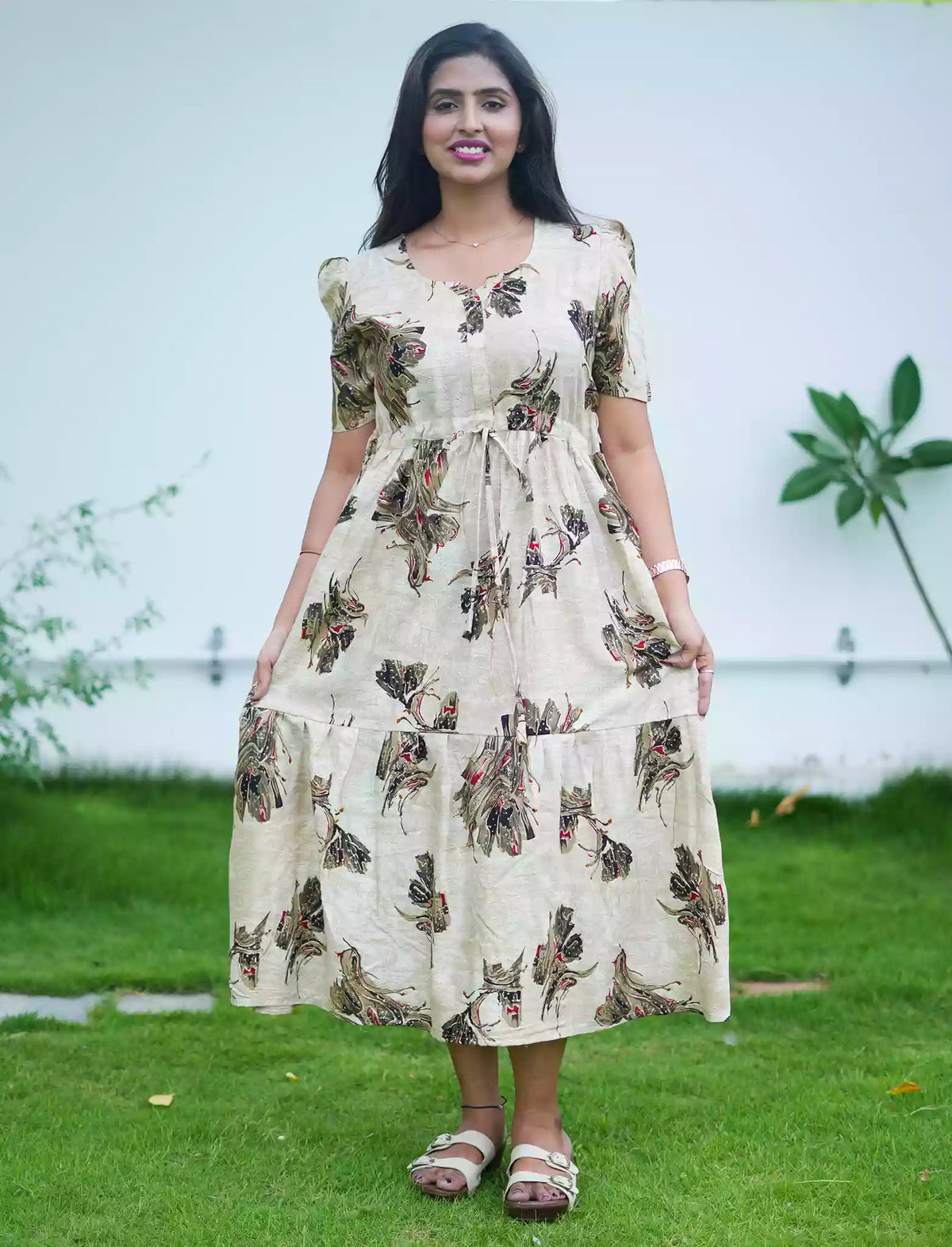 Rayon Abstract Botanical Print Foil Gathering Maxi with Front Tie - Mangai Nighties