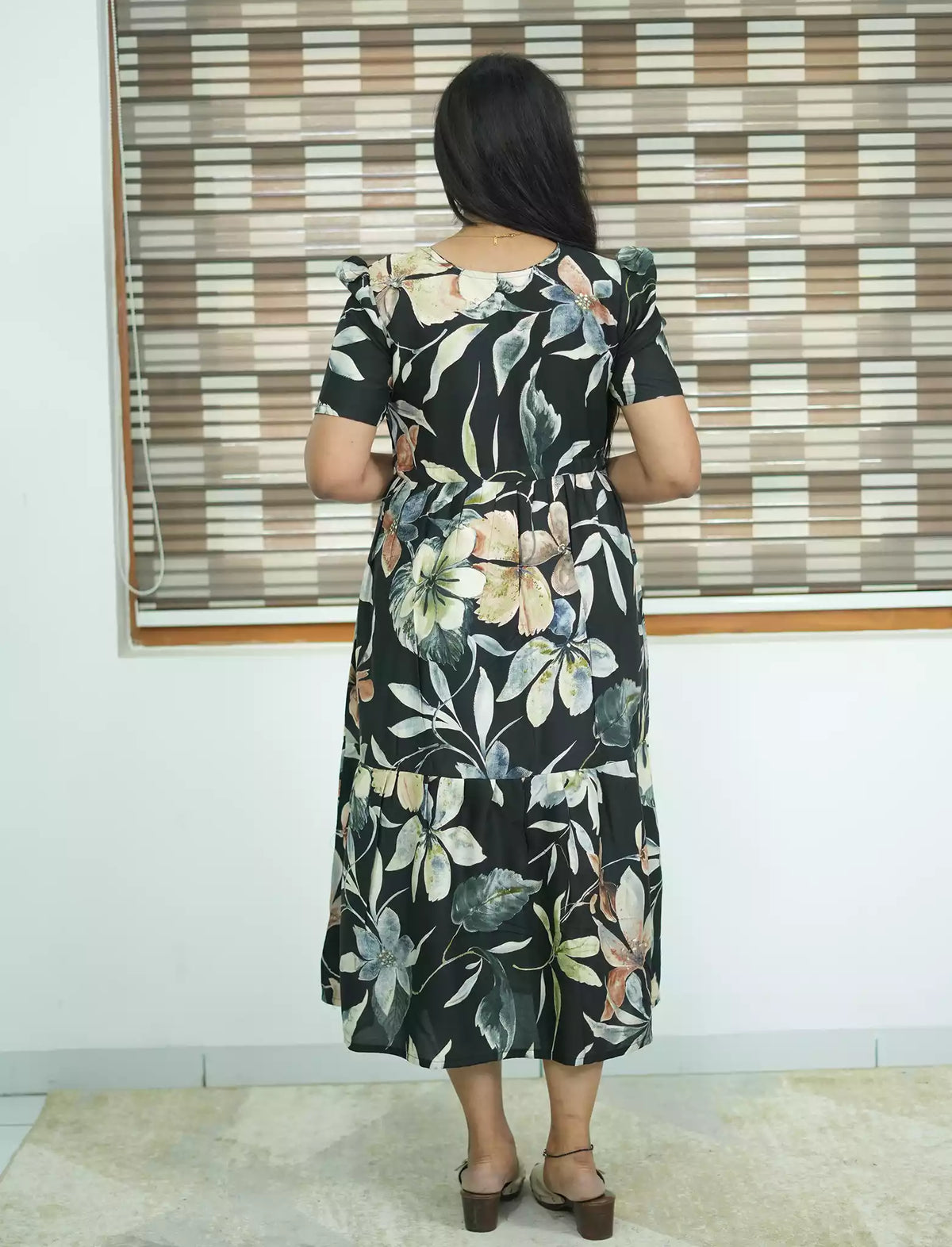 Rayon Floral Print Foil Gathering Maxi with Side Pocket - Mangai Nighties