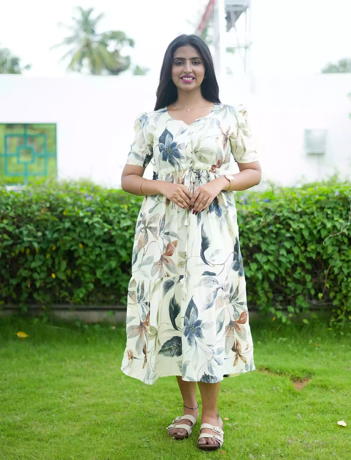 Rayon Floral Print Foil Gathering Maxi with Side Pocket - Mangai Nighties