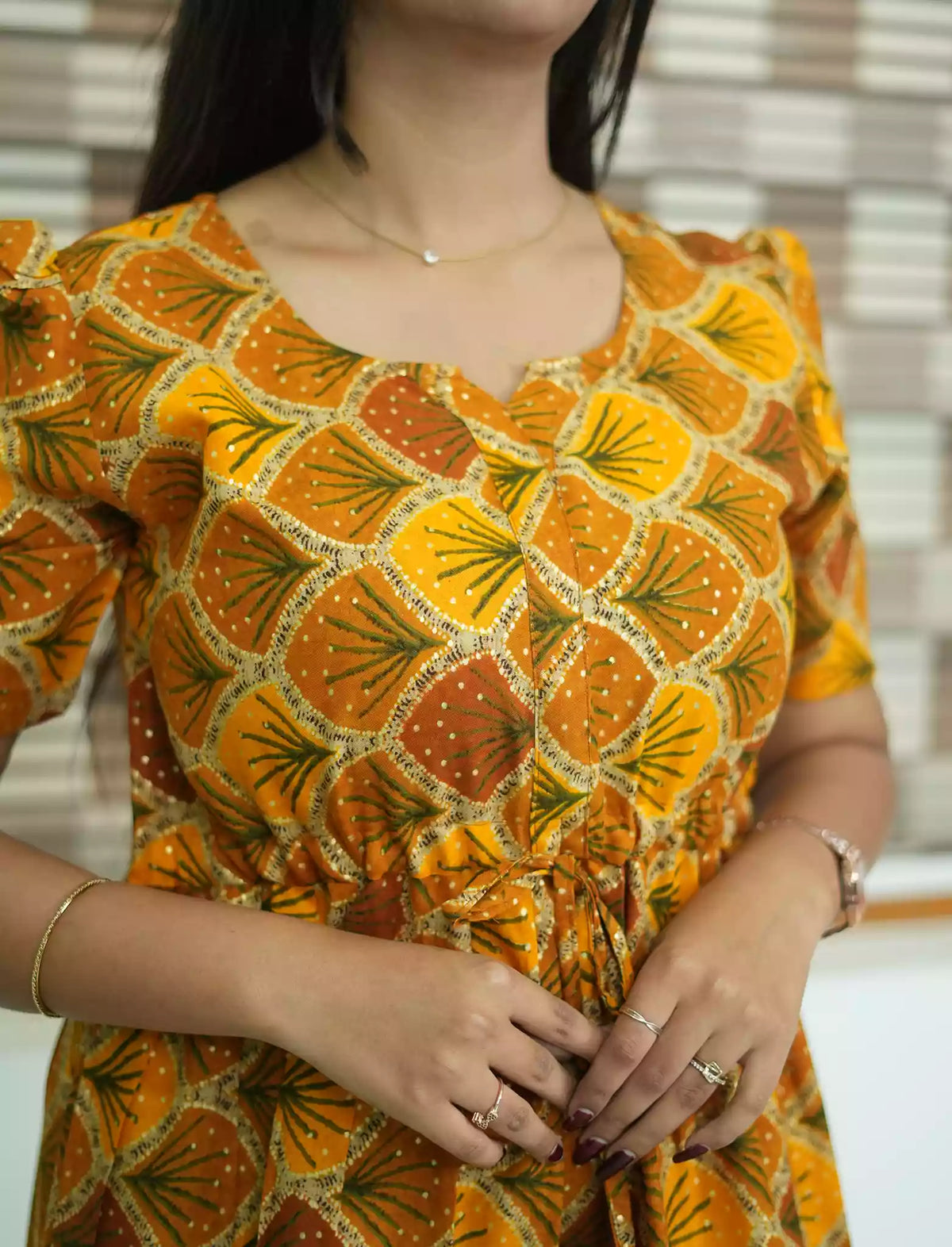Rayon Scallop Shell PrintFoil Gathering Maxi with Puff Sleeve - Mangai Nighties