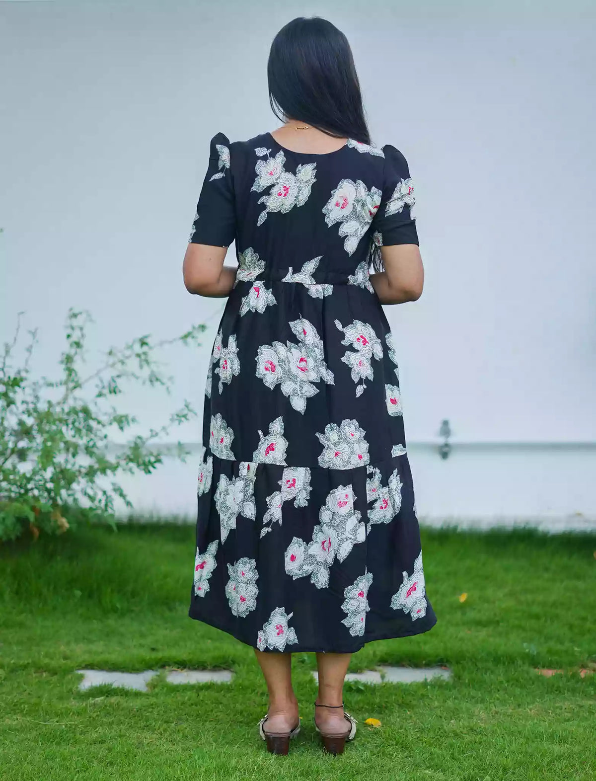 Rayon Floral Print Foil Gathering Maxi with Front Tie - Mangai Nighties