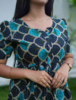 Rayon Scallop Shell PrintFoil Gathering Maxi with Puff Sleeve - Mangai Nighties