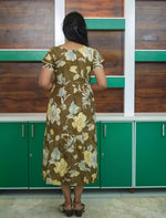 Olive Brown Rayon Floral Zipless Maxi Frock Side Pocket - Mangai Nighties
