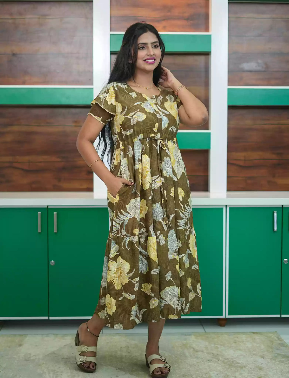 Olive Brown Rayon Floral Side Pocket Maxi Frock Women - Mangai Nighties