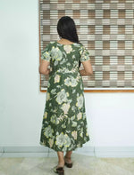 Olive Green Rayon Floral Zipless Maxi Frock Side Pocket - Mangai Nighties