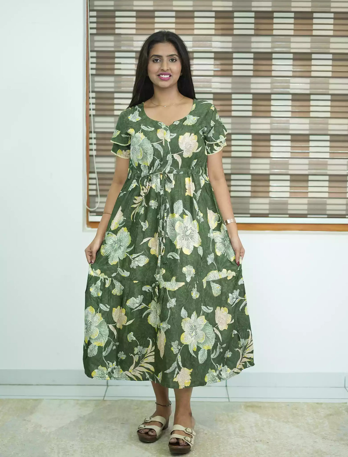 Olive Green Rayon Floral Flared Maxi Frock for Women - Mangai Nighties