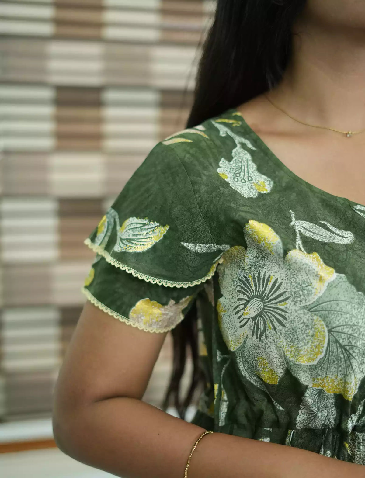 Olive Green Rayon Floral Double Layer Sleeve Maxi Frock - Mangai Nighties