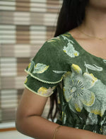 Olive Green Rayon Floral Double Layer Sleeve Maxi Frock - Mangai Nighties
