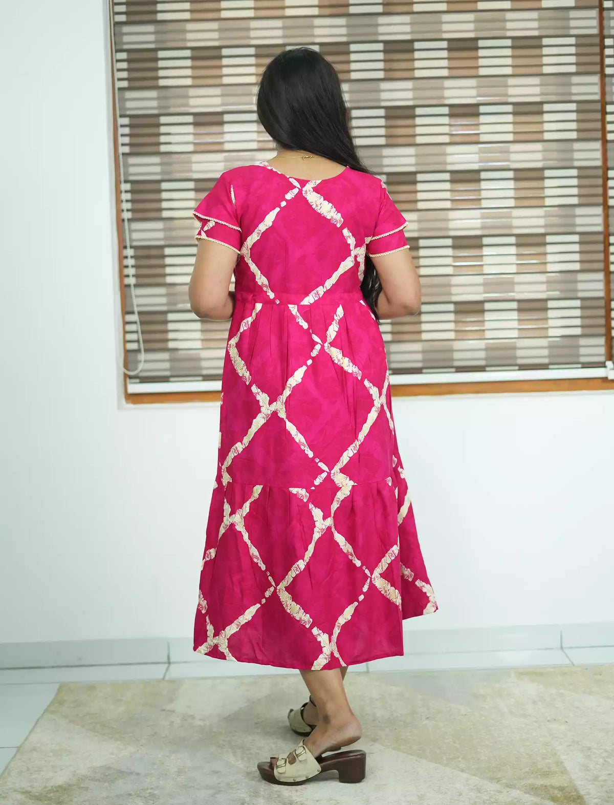 Pink Foil Print Rayon Daily Wear Gathering Maxi Frock - Mangai Nighties