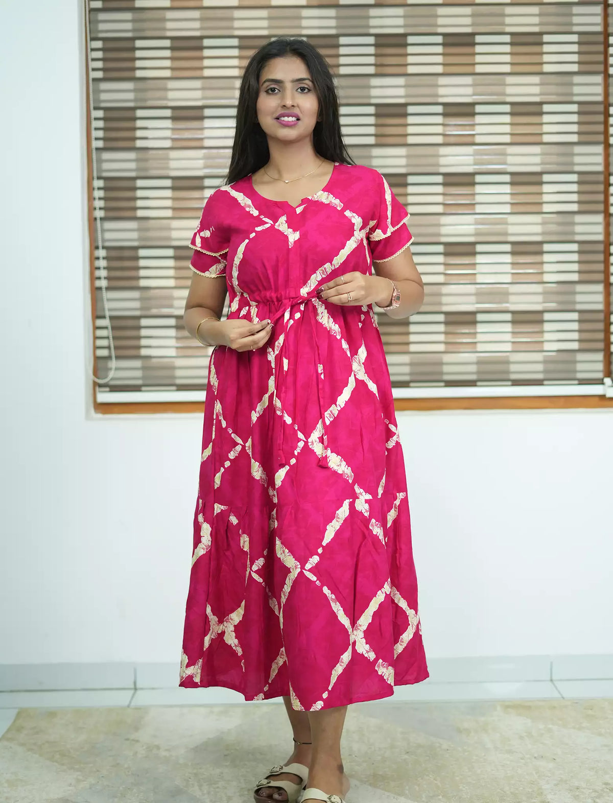 Pink Foil Print Rayon Casual Maxi Frock with Front Tie - Mangai Nighties