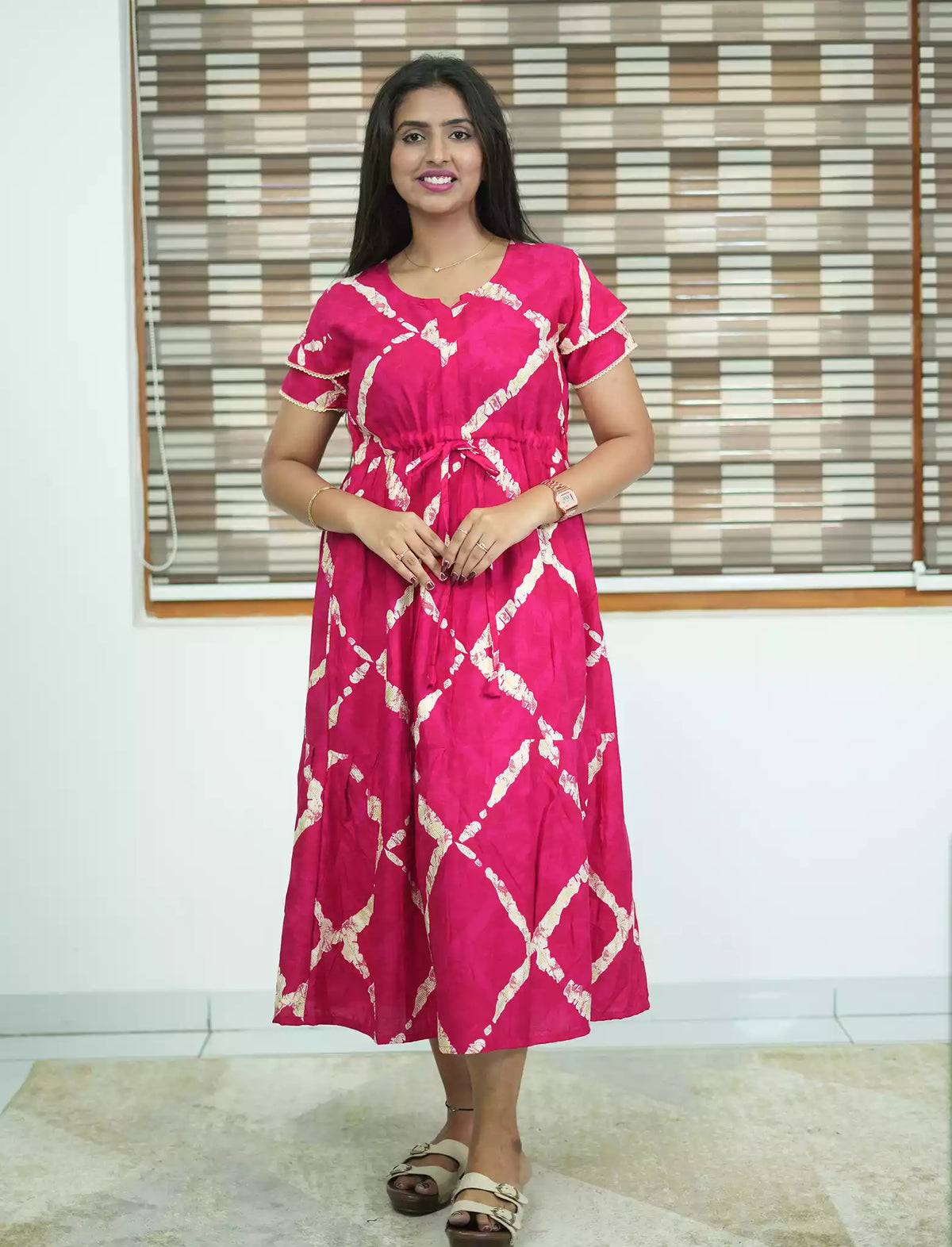 Pink Foil Print Rayon Gathering Maxi with Front Tie - Mangai Nighties