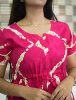 Pink Foil Print Rayon Round Neck Gathering Maxi Frock - Mangai Nighties